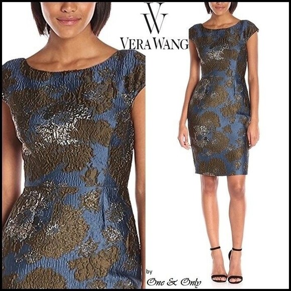 Vera Wang Dresses & Skirts - Vera Wang Brocade Dress Women Size 6 Dark Teal Green Metallic V-cut Back Lined